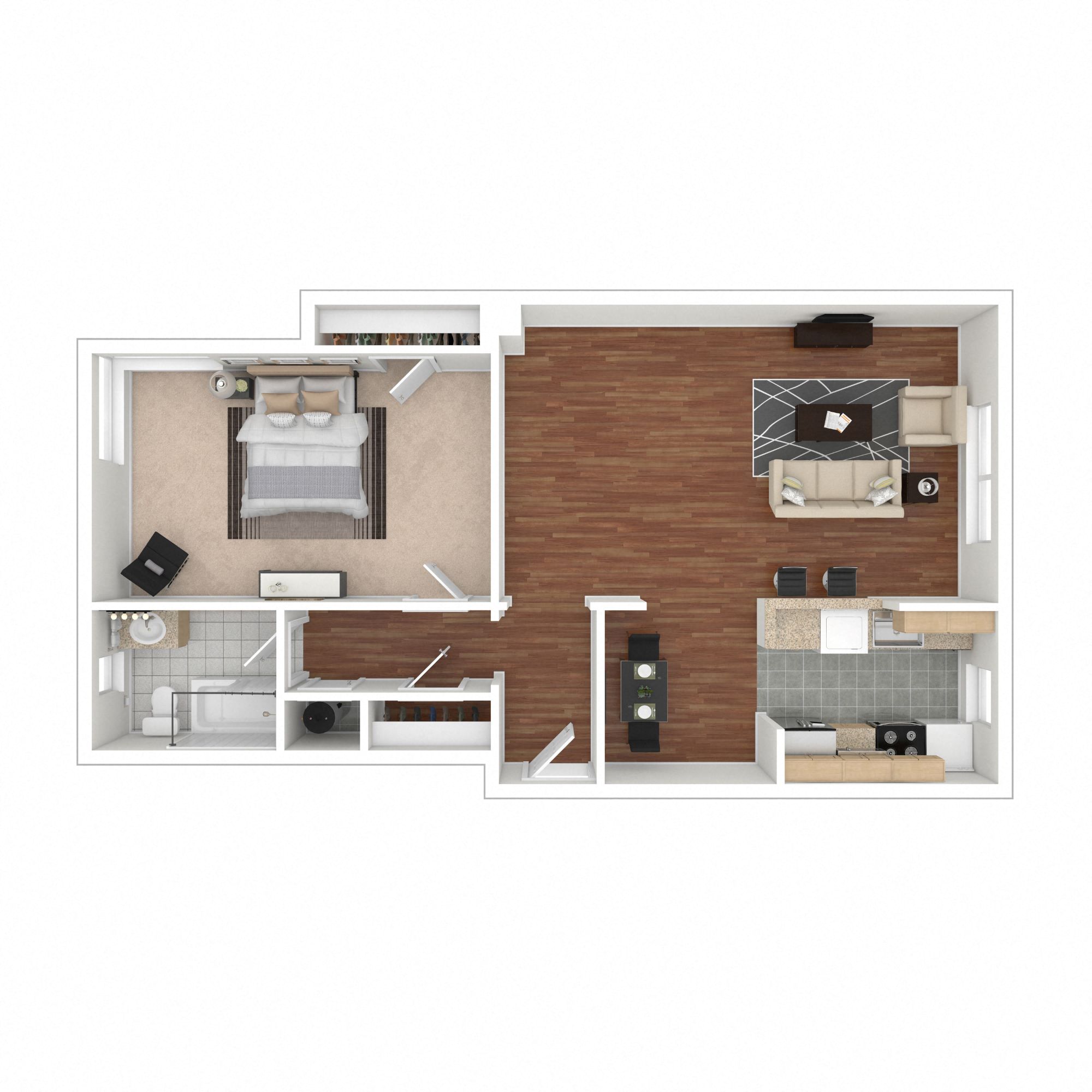 Floor plan for 1 bed, 1 bath, 750 sqft